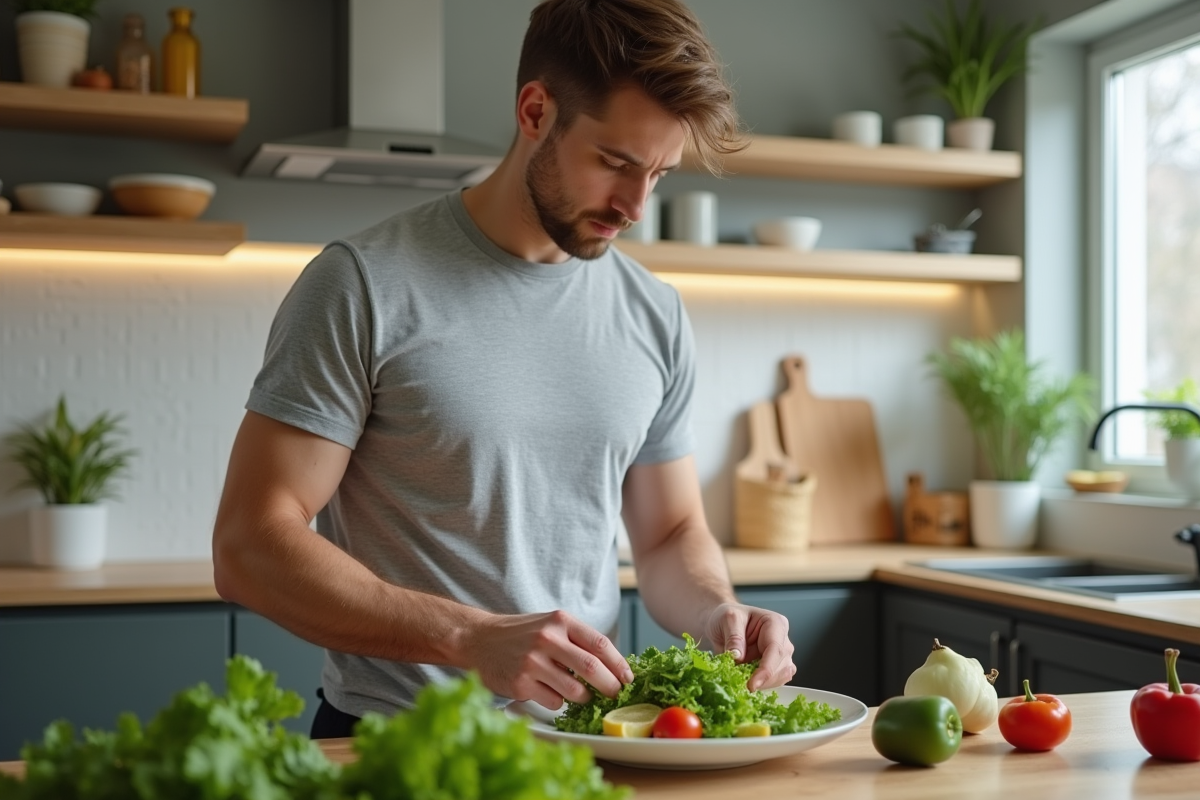 Jeune homme préparant une salade dans une cuisine moderne