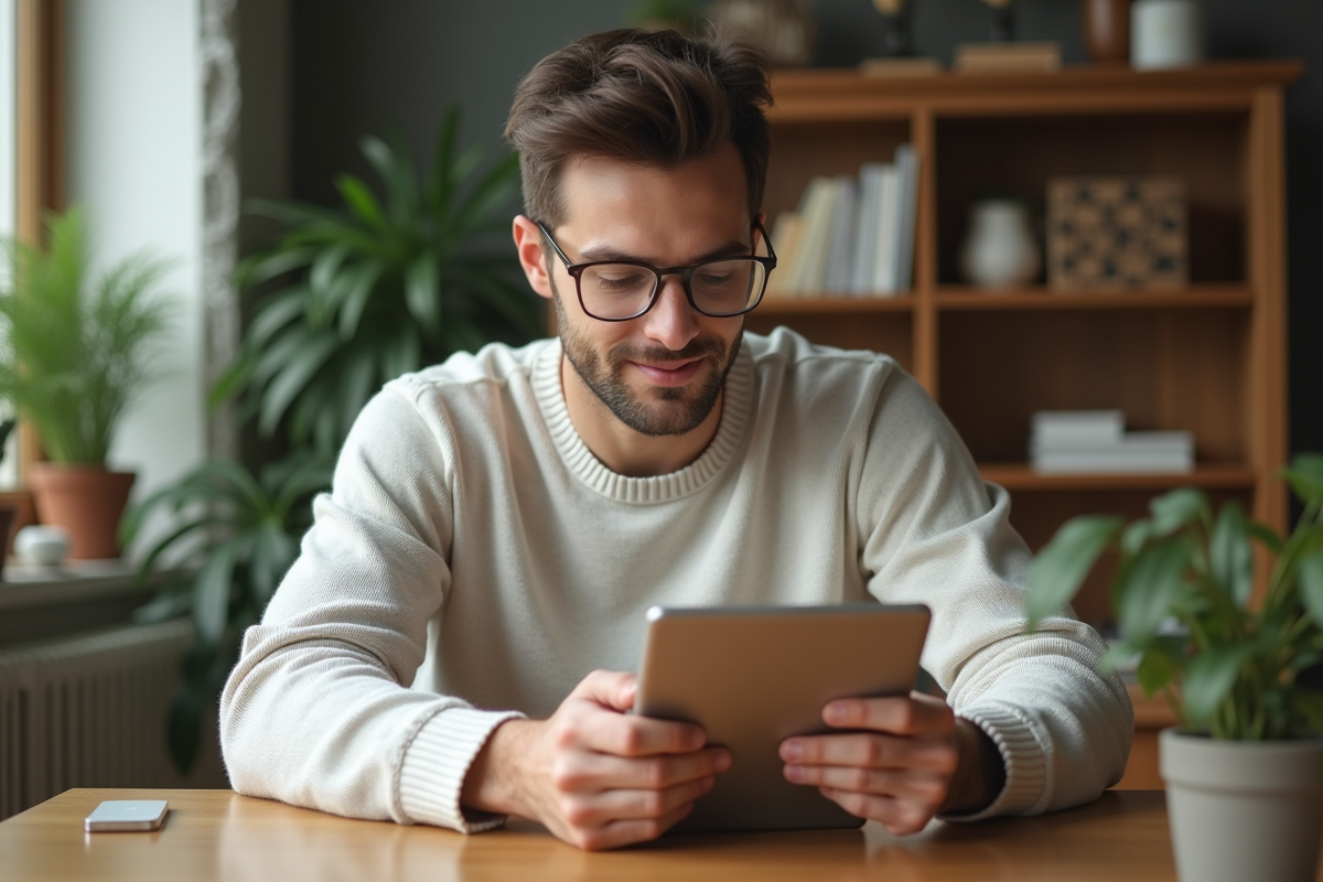 Jeune homme lisant un article sur la peau avec une tablette dans un salon cosy