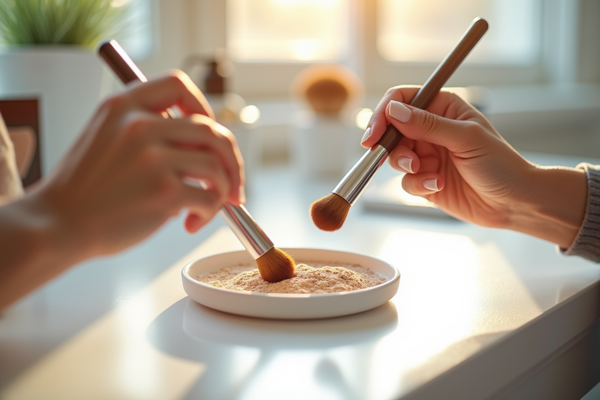 Mains de deux personnes tenant des pinceaux de maquillage au matin
