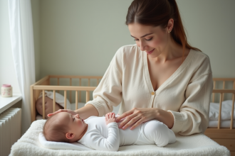 Jeune mère massant doucement son bébé dans un berceau