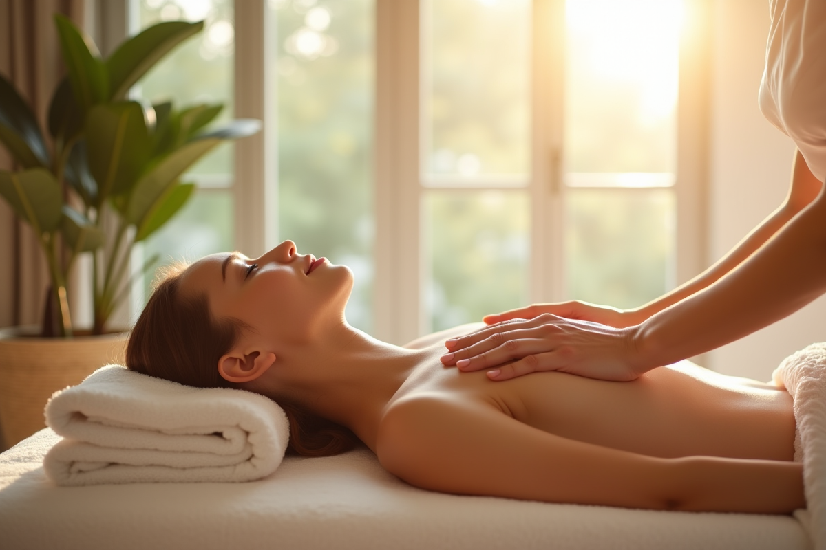 Personne recevant un massage dans un spa lumineux