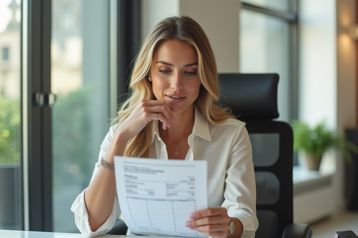 Modèle confiante au bureau examine sa fiche de paie