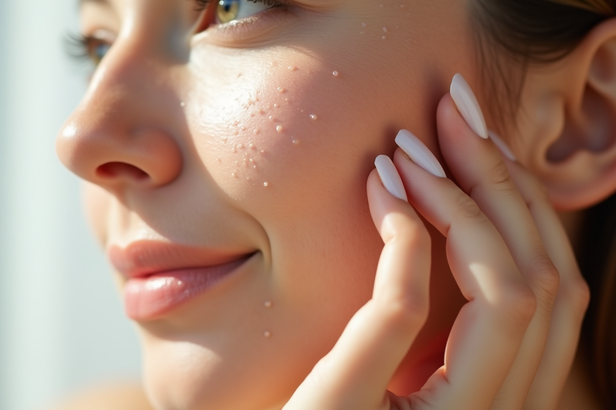 Zoom sur peau hydratée et éclatante avec mains délicates