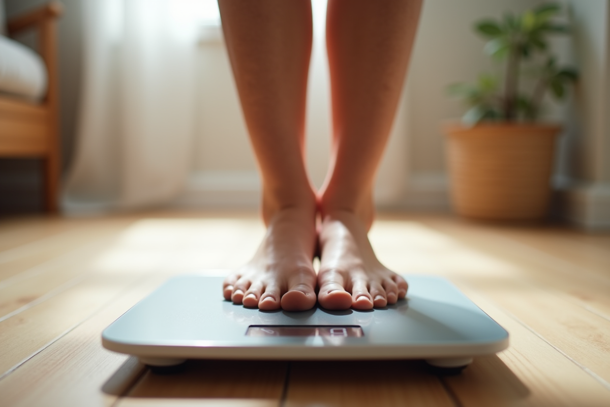 Pieds d adulte sur une balance numérique à la maison