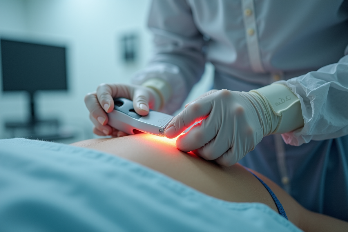 Main gantée ajustant appareil laser sur abdomen