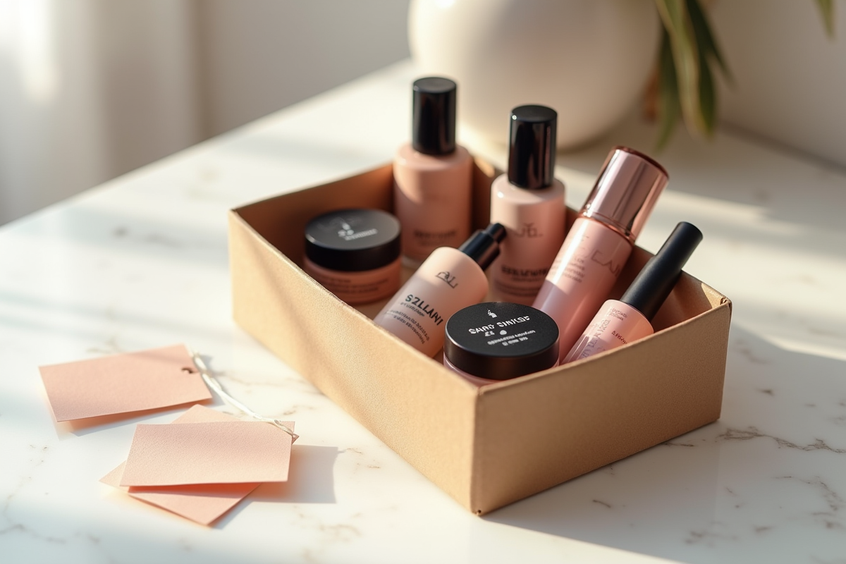 Produits de maquillage dans une boîte en carton sur un comptoir