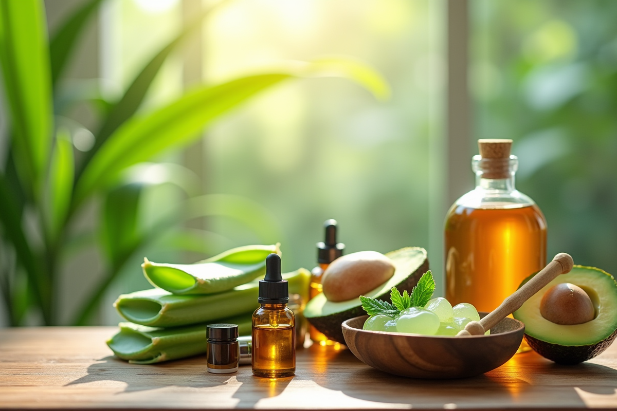 Assortiment de produits naturels pour soin visage sur table en bois