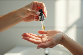 Goutte de serum au-dessus de la main d'une femme peau saine