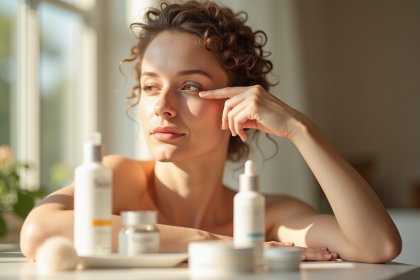 Femme massant doucement ses yeux au matin avec produits naturels