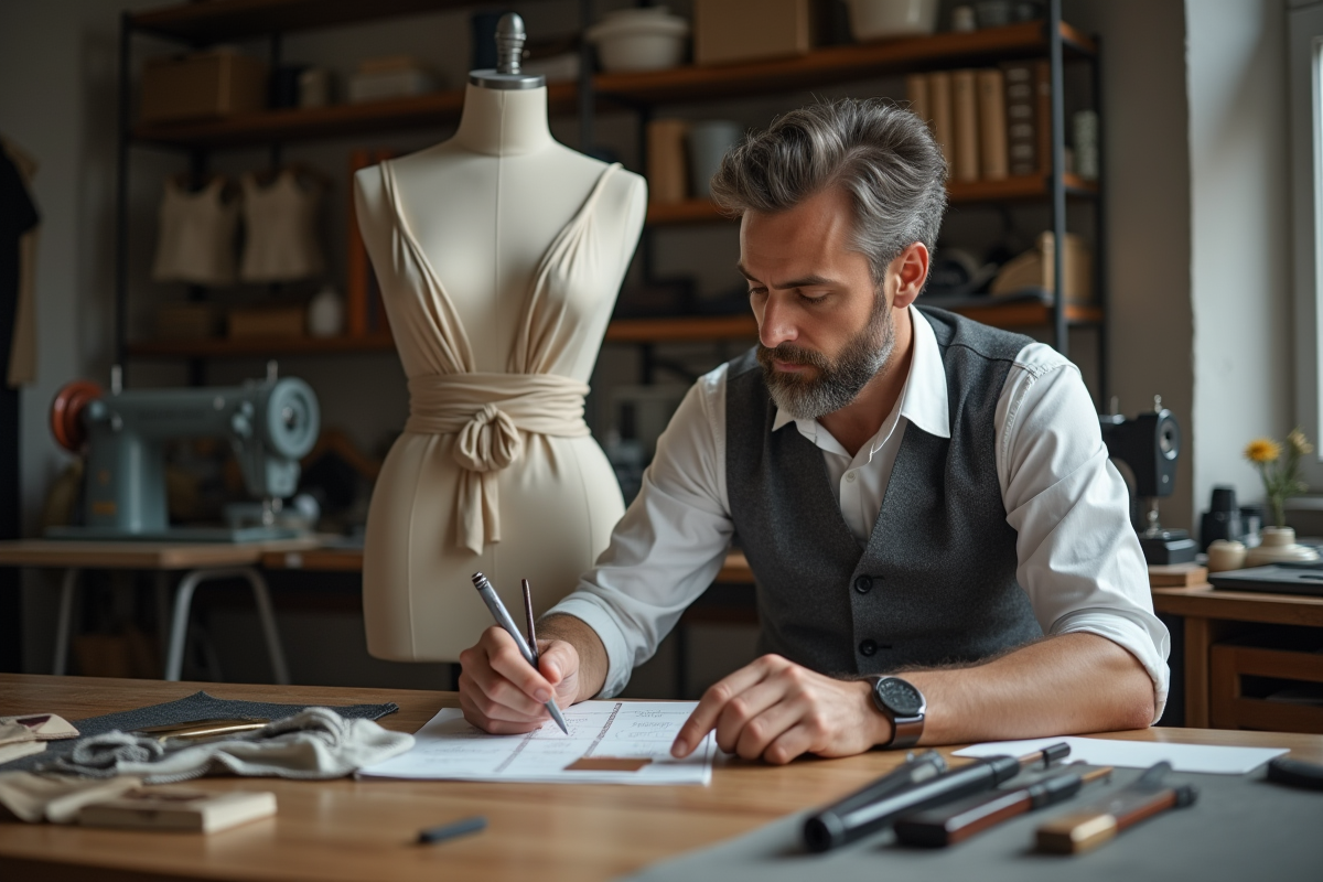 Tailleur homme examine une robe sur un mannequin dans l