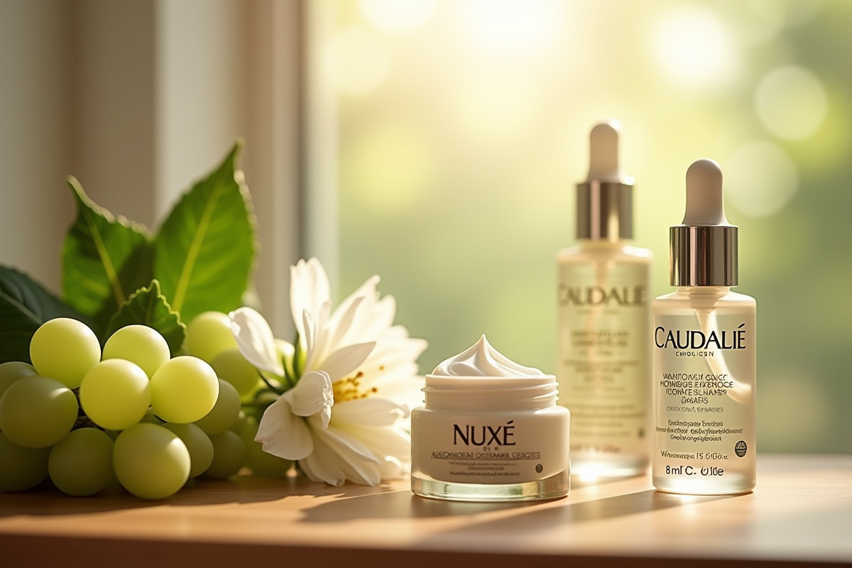 Vasque en bois avec crème Nuxe et sérum Caudalie entourés de feuilles et fleurs
