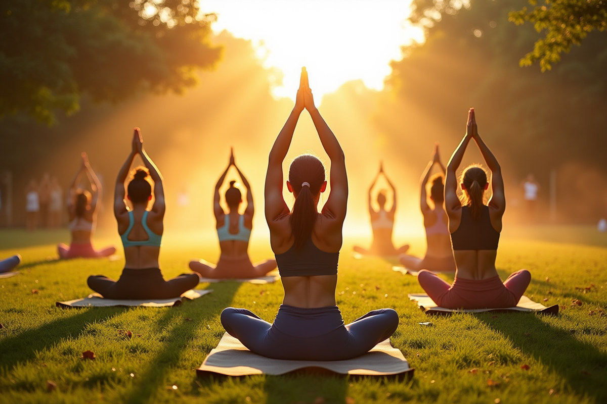 Groupe de personnes faisant du yoga au lever du soleil dans un parc